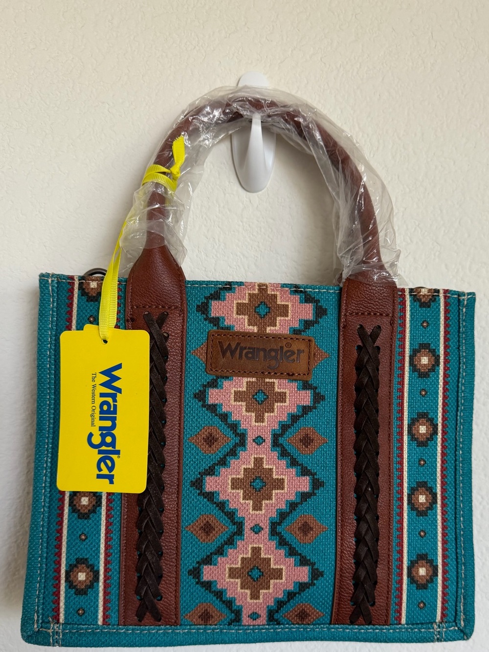 Wrangler Turquoise Aztec Tote Bag with Brown Leather Handles NWT